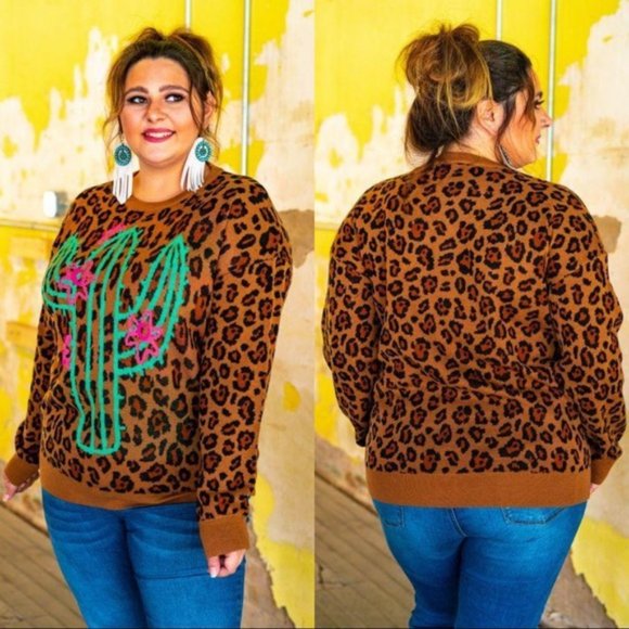 Infinity Raine Sweaters - LAST ONE LEFT CACTUS LOVIN PLUS SIZE SWEATER-LEOPARD
